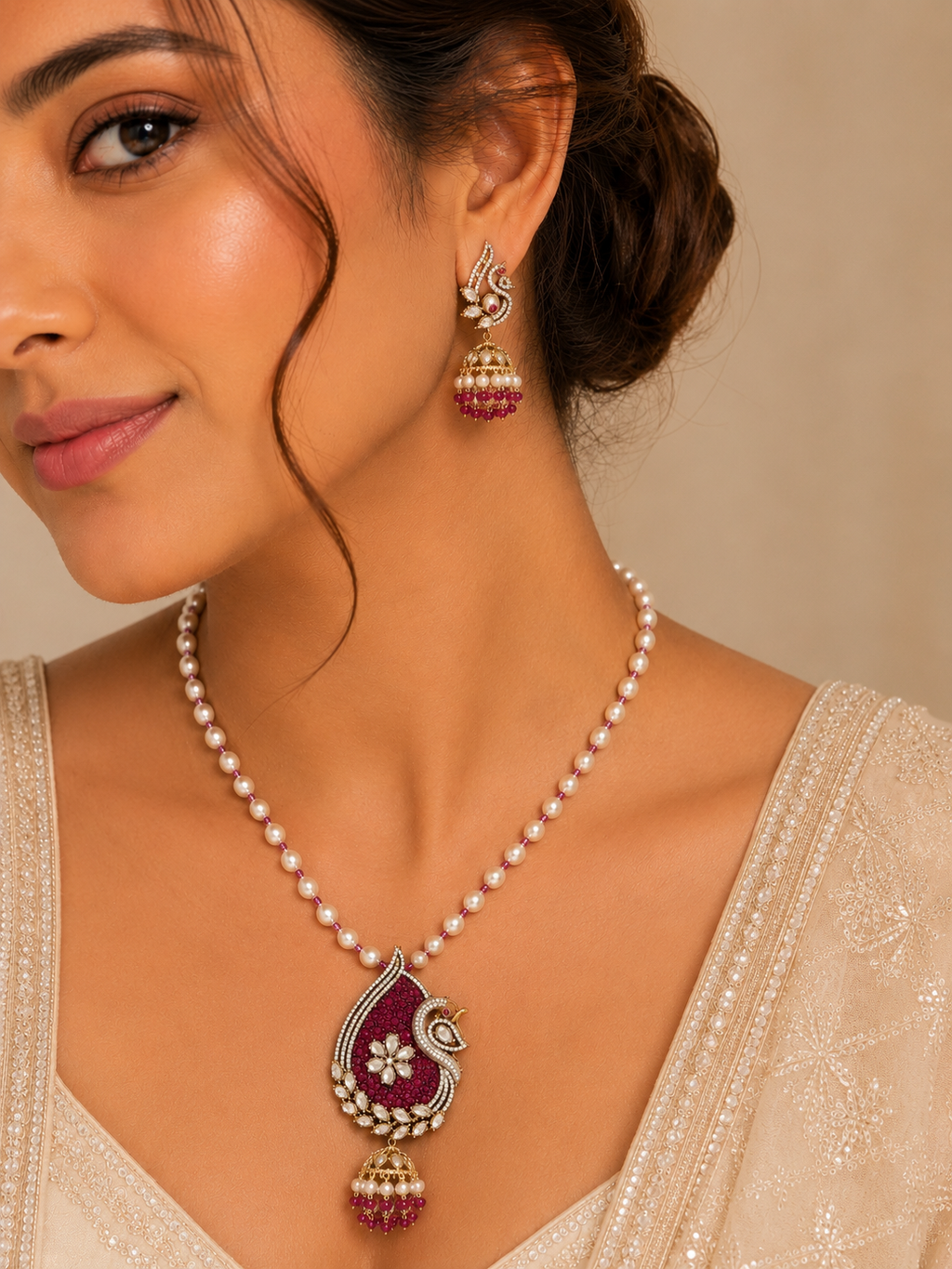 Ruby Piroi Polki Peacock Pendant Set with Pearl Necklace