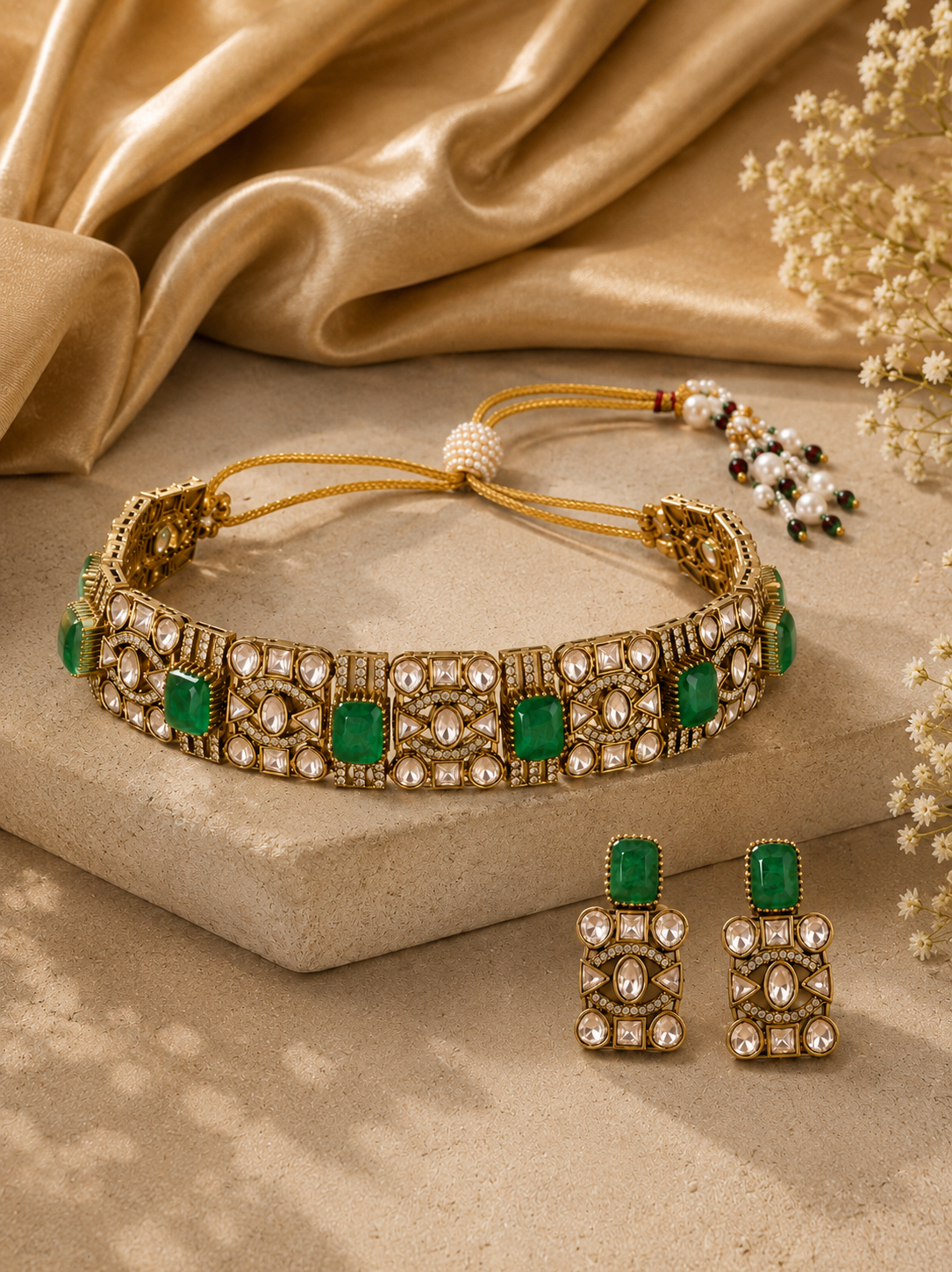 Emerald Polki Choker with Geometric Panels