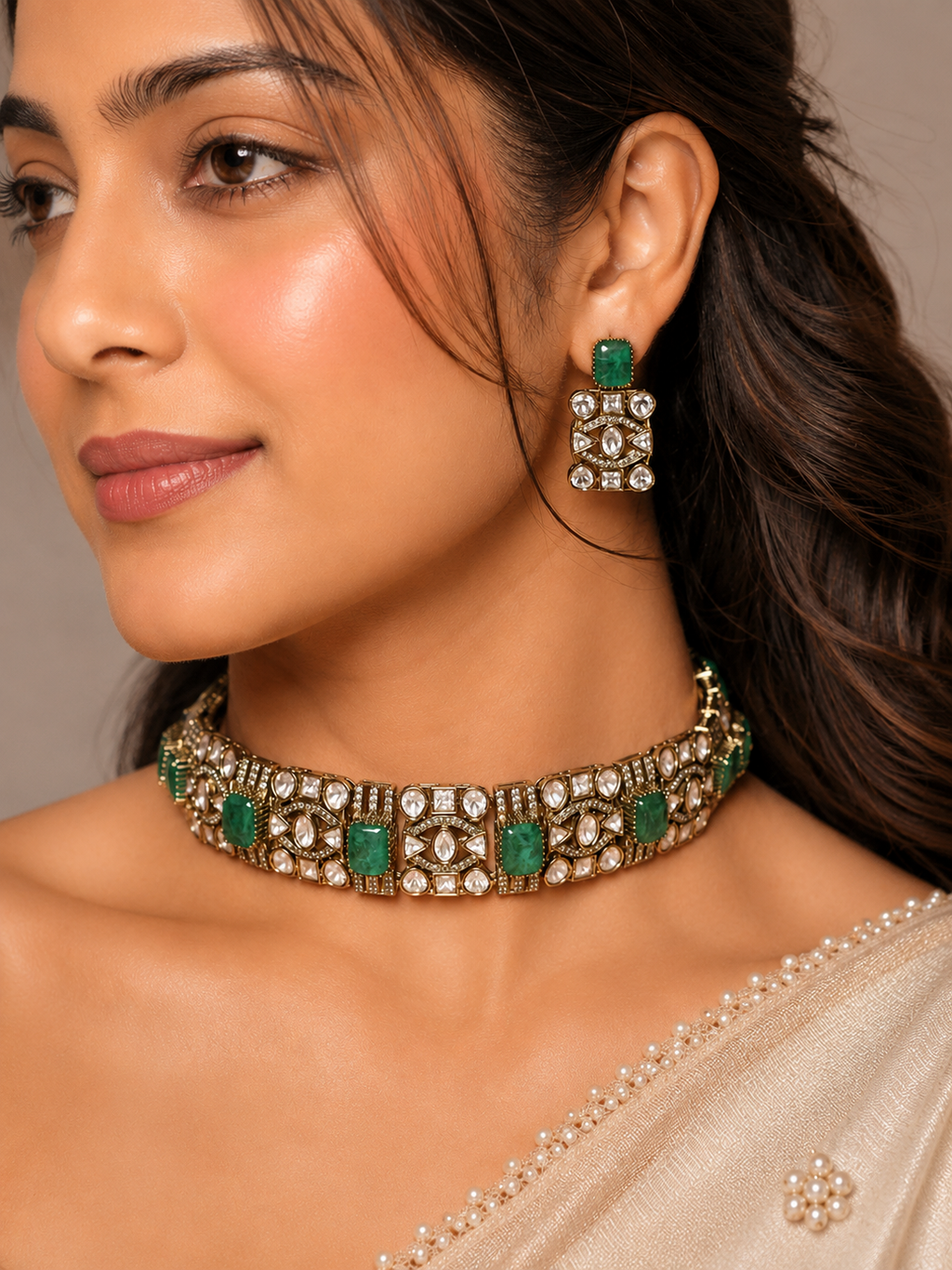 Emerald Polki Choker with Geometric Panels