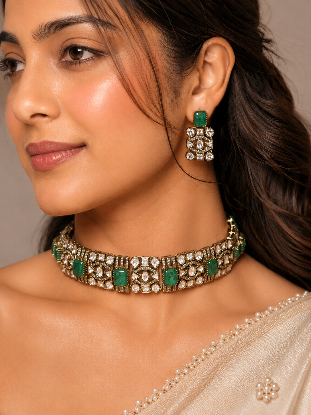 Emerald Polki Choker with Geometric Panels