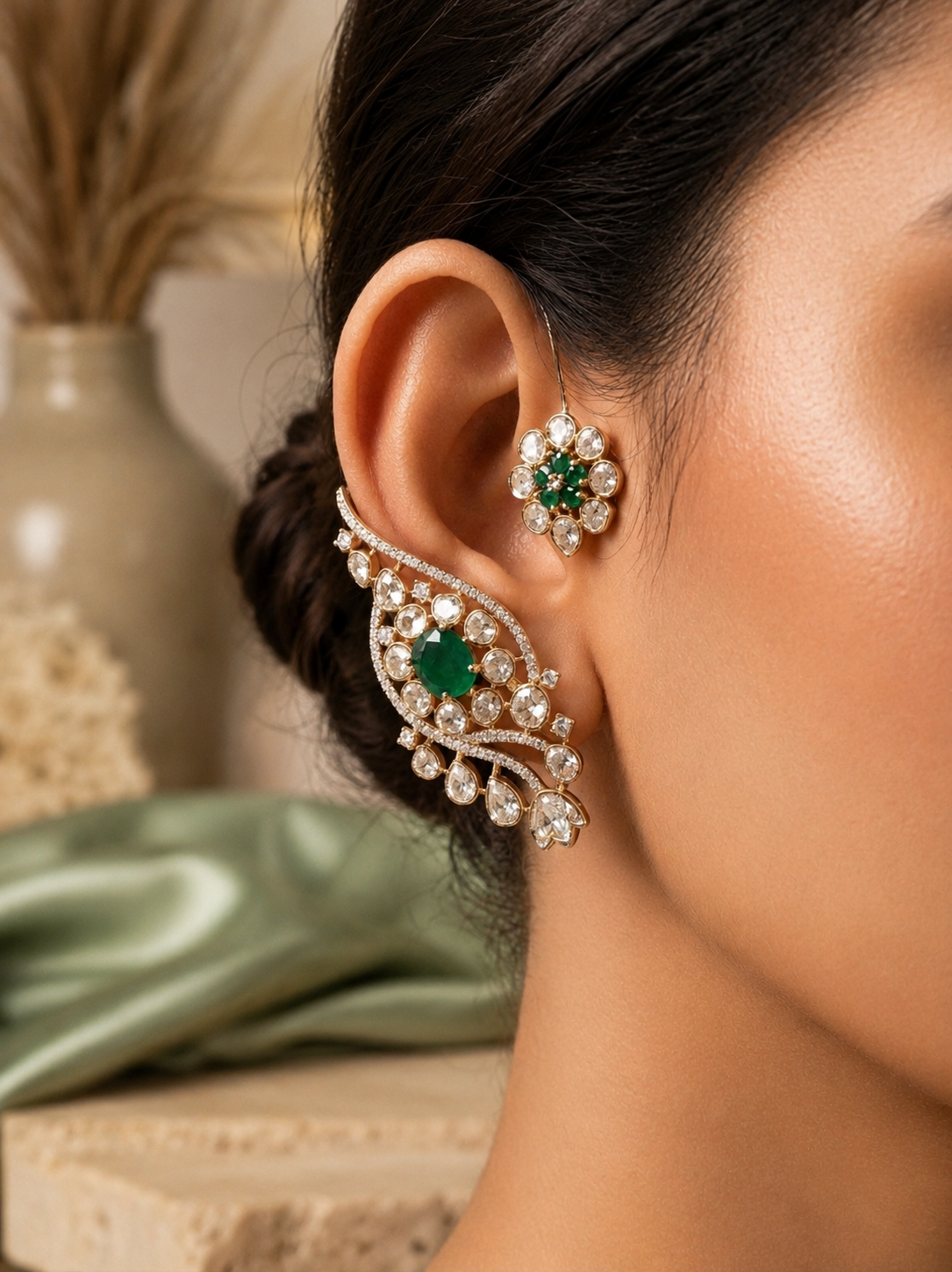 Emerald Polki Ear Cuff Earrings