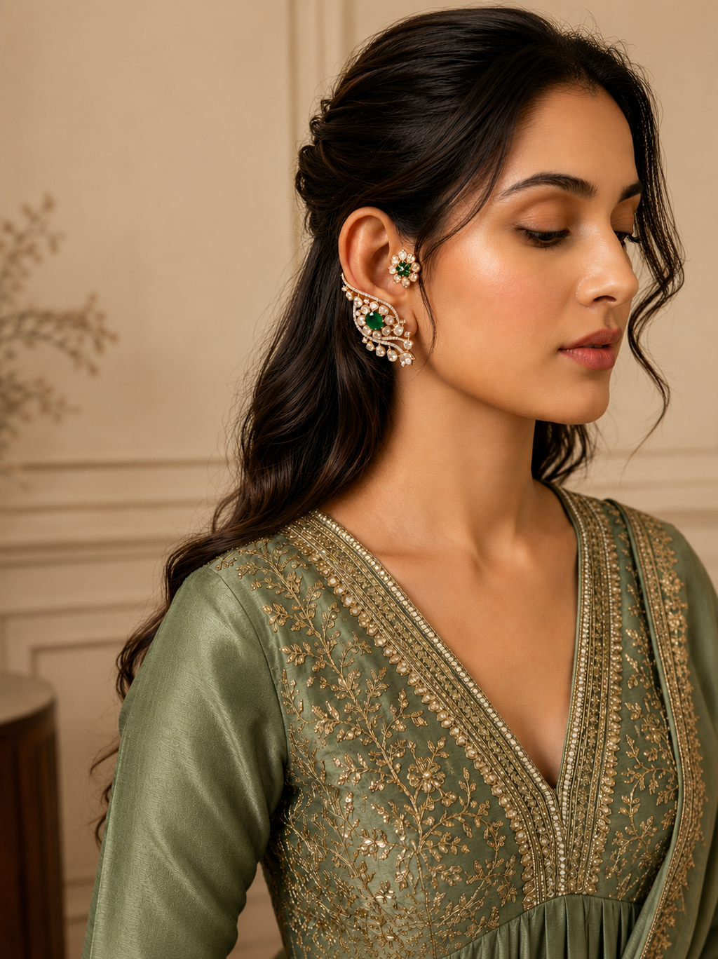 Emerald Polki Ear Cuff Earrings