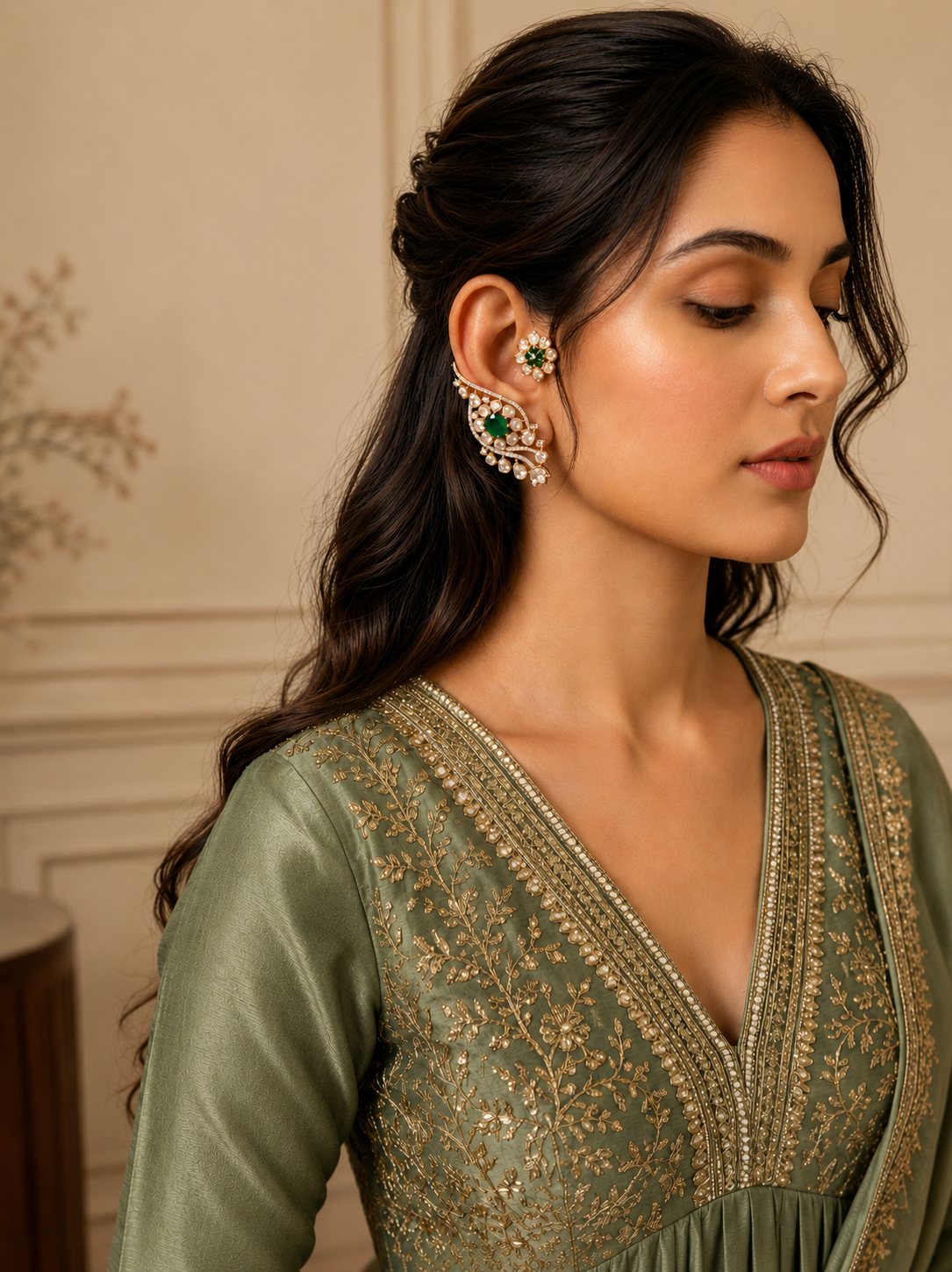 Emerald Polki Ear Cuff Earrings