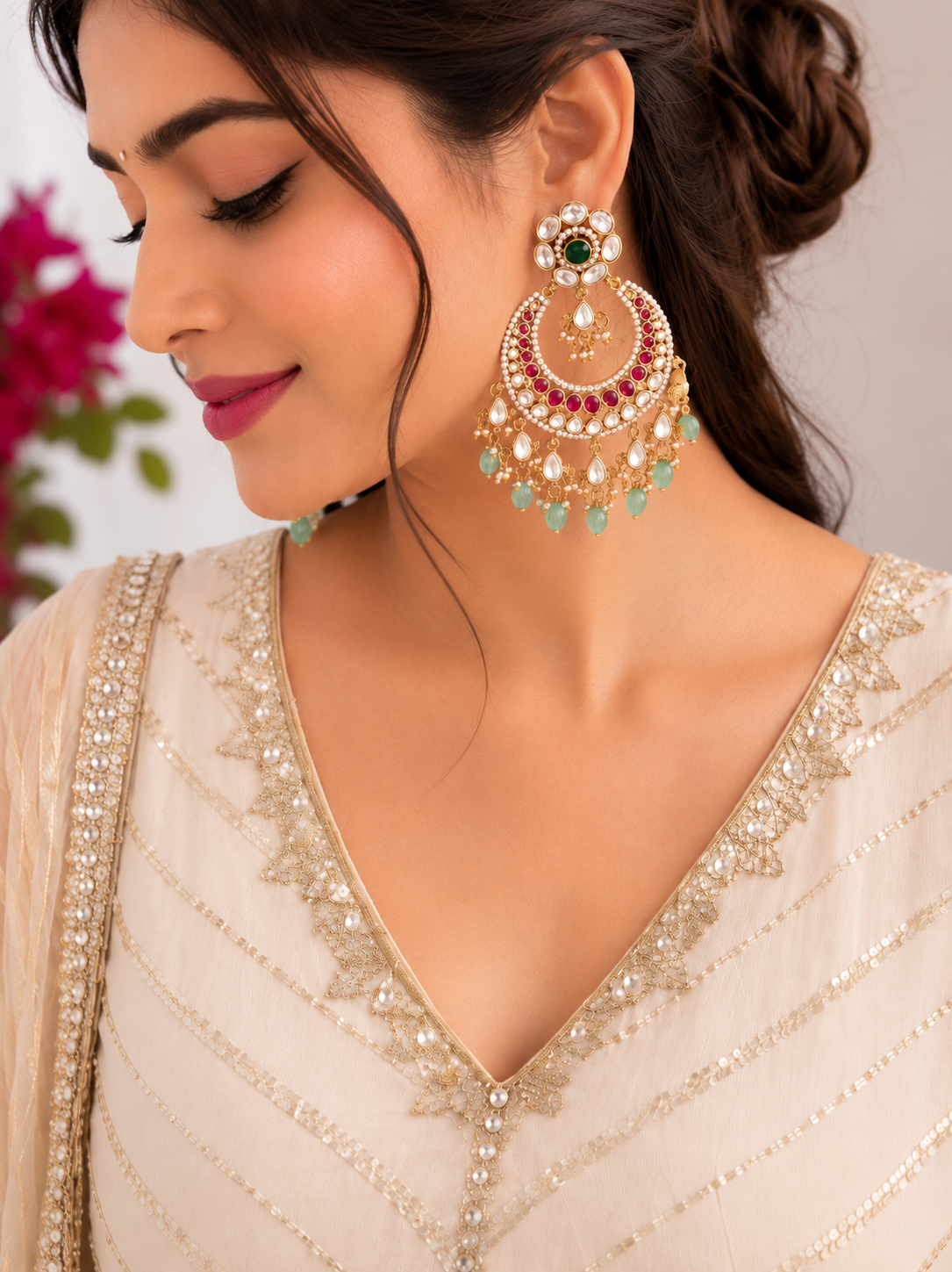 Floral Polki Chandbali Earrings with Ruby and Pearl Drops