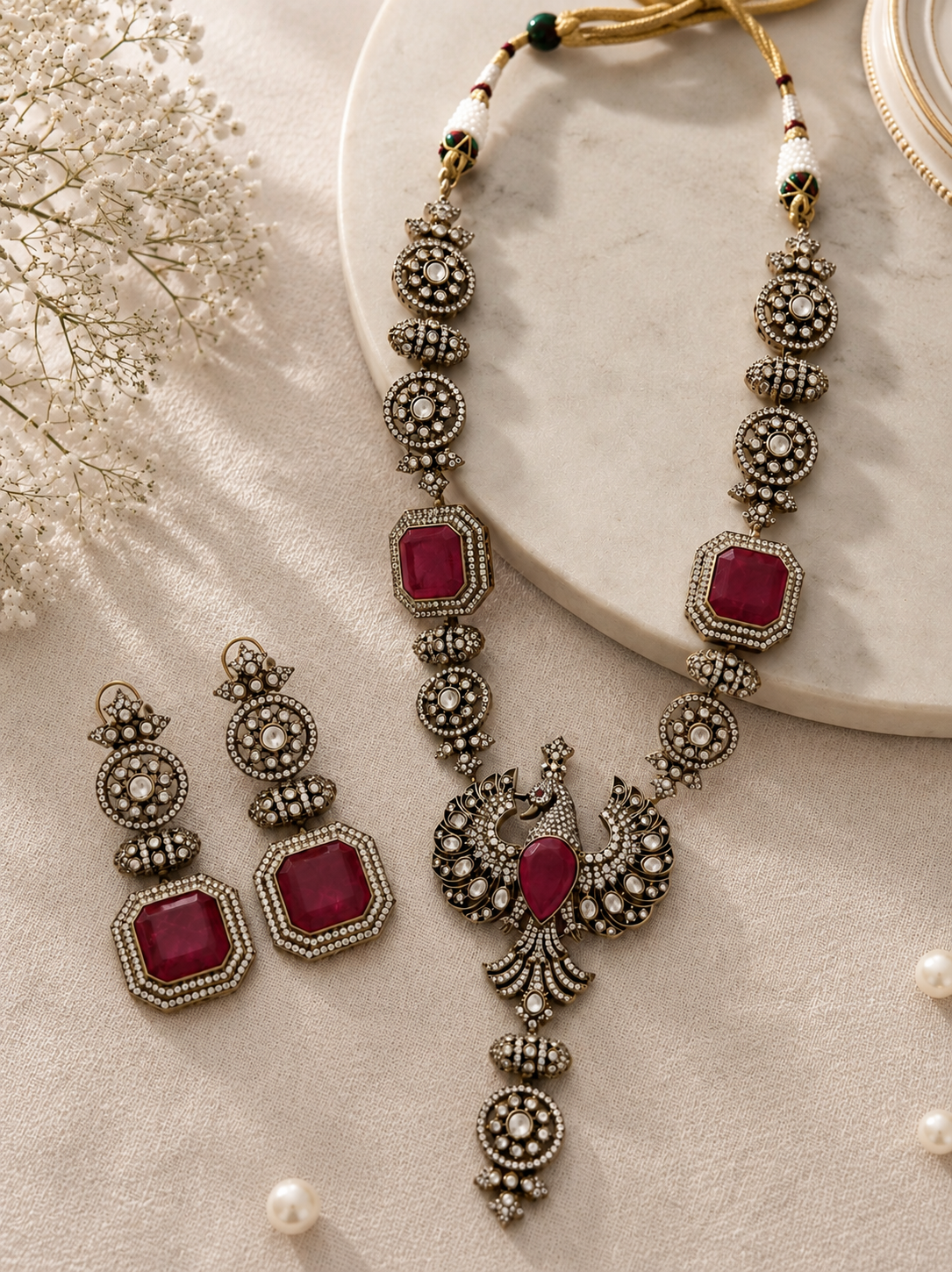 Victorian Ruby Polki Peacock Necklace Set