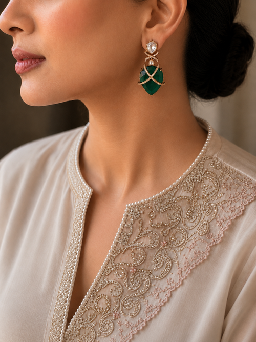 Emerald Green Stone Drop Earrings with CZ Criss-Cross Detail