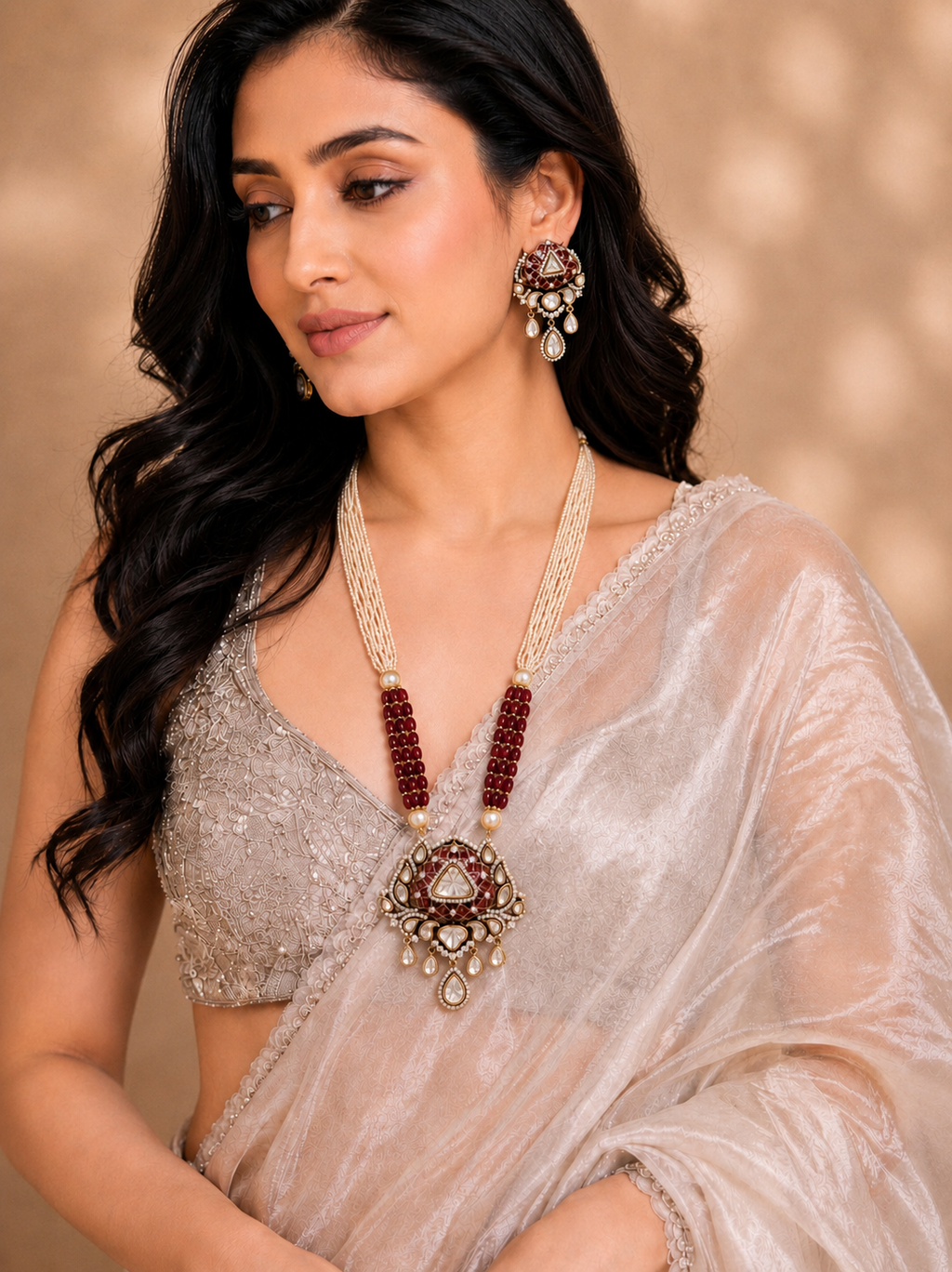 Ruby Polki Pendant Set with Multi-Strand Pearl Necklace
