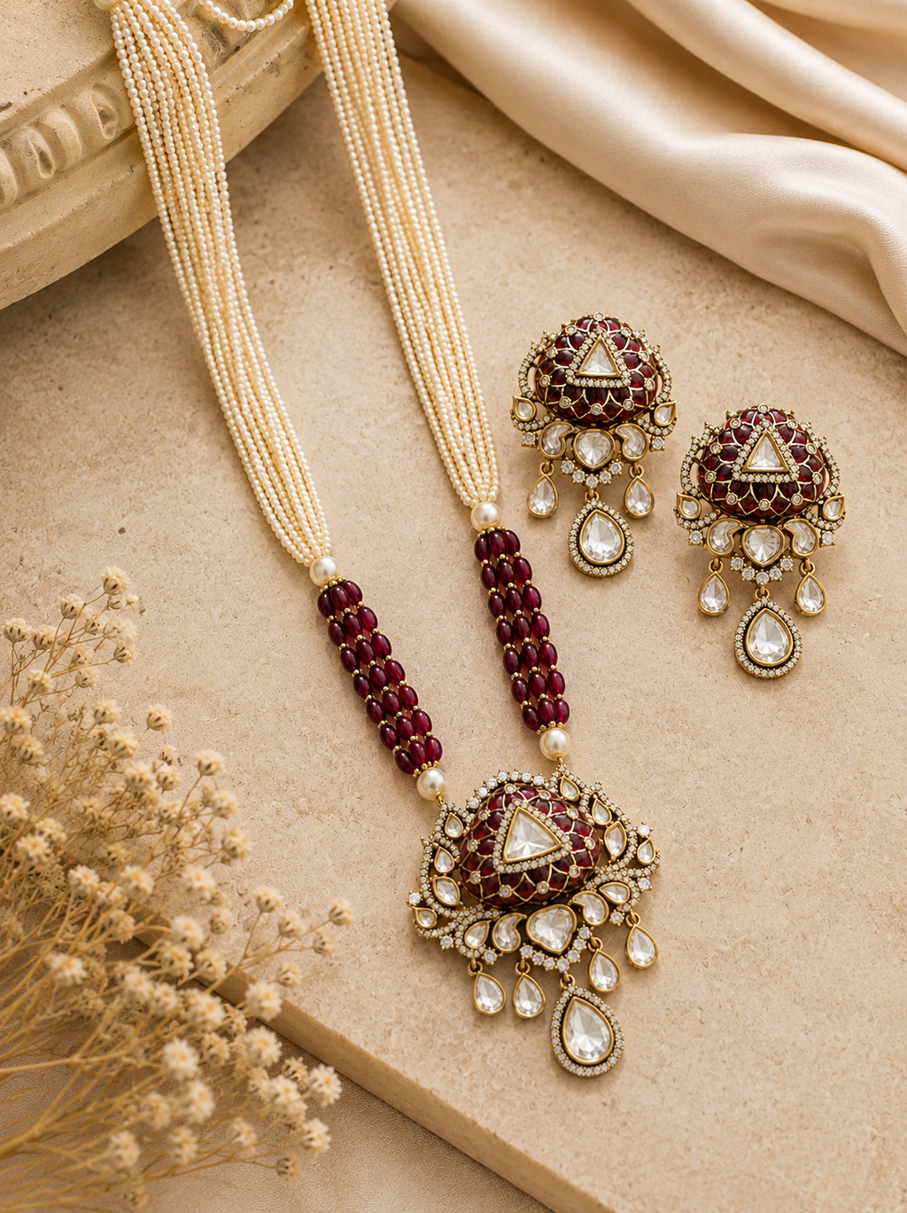 Ruby Polki Pendant Set with Multi-Strand Pearl Necklace