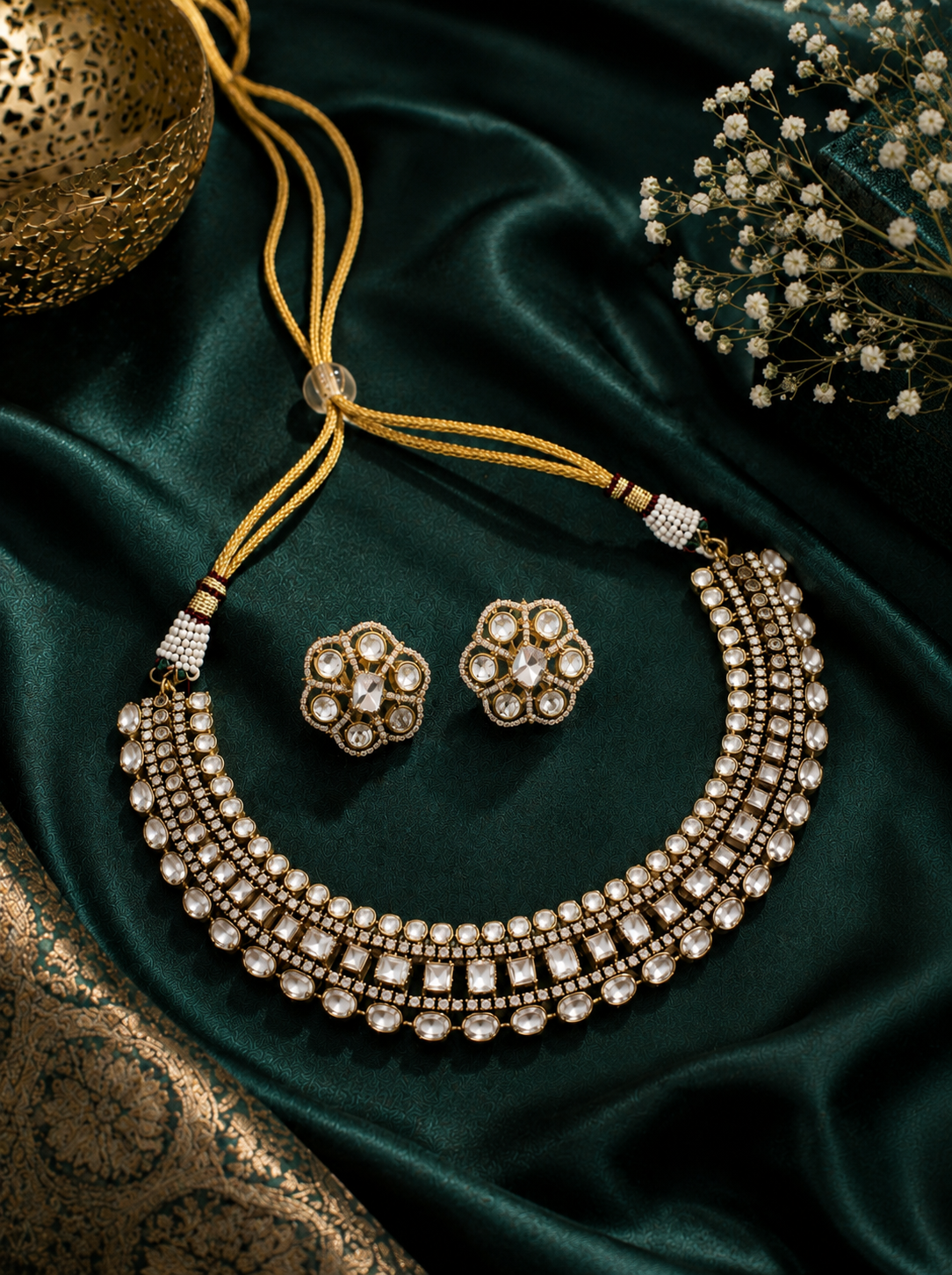 Multi-Row Polki Choker Set with Floral Stud Earrings