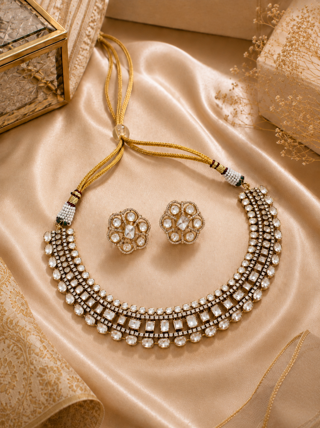 Multi-Row Polki Choker Set with Floral Stud Earrings