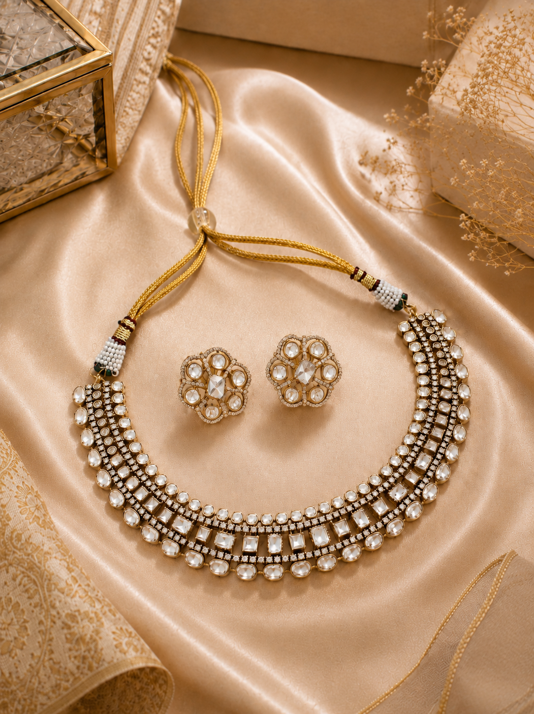 Multi-Row Polki Choker Set with Floral Stud Earrings