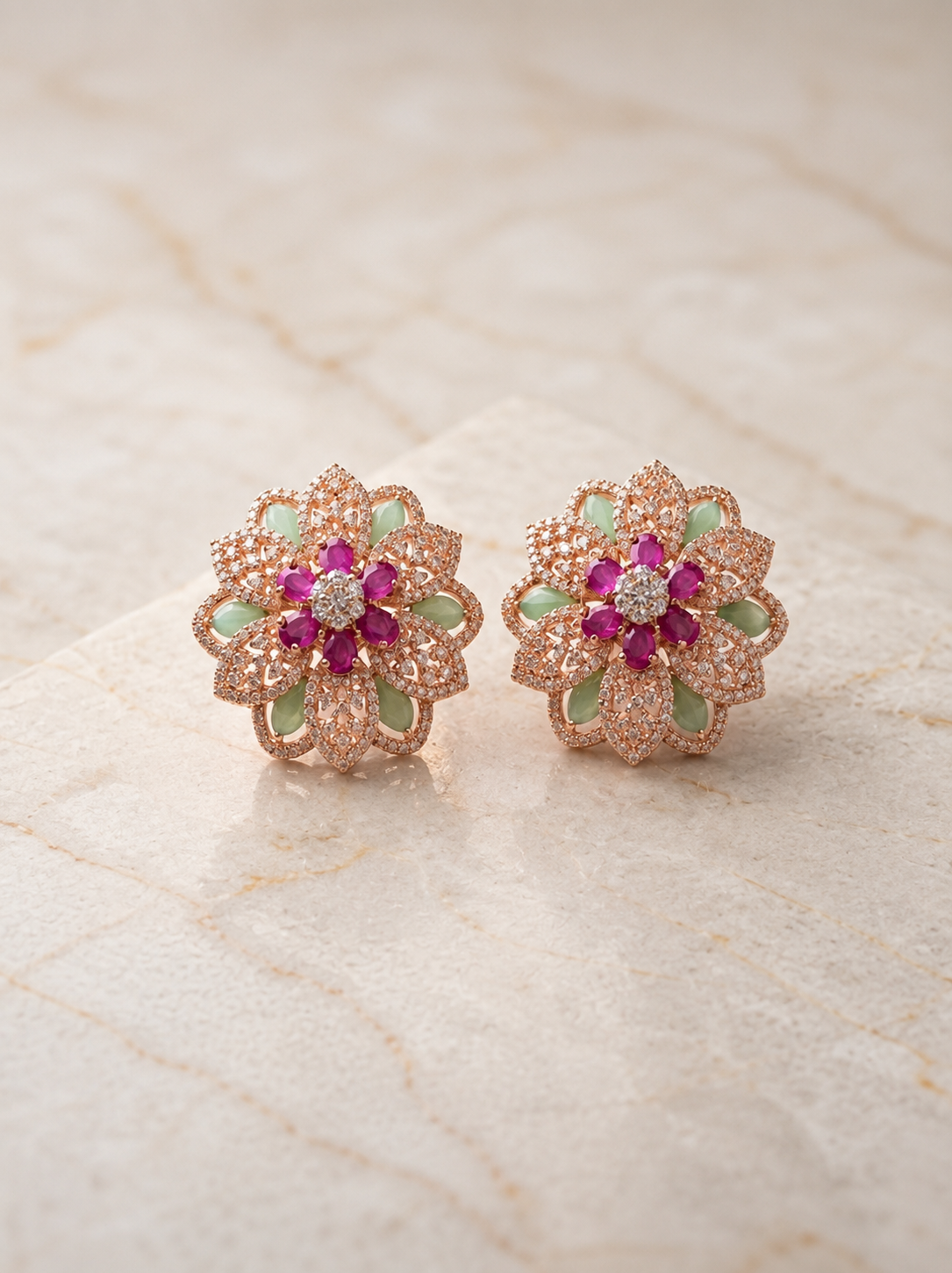 Hazoorilal-Inspired Rose Gold Floral Stud Earrings