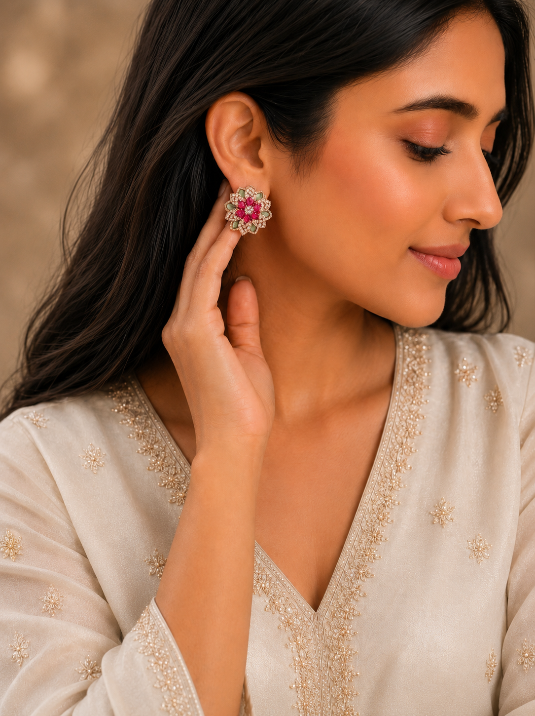 Hazoorilal-Inspired Rose Gold Floral Stud Earrings