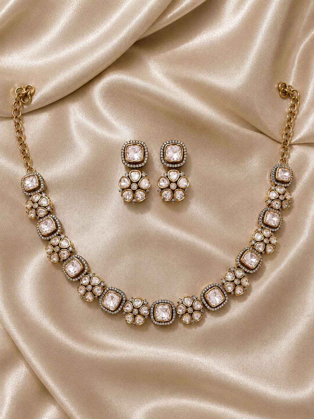 Moissanite Floral Necklace with Square Stone Clusters