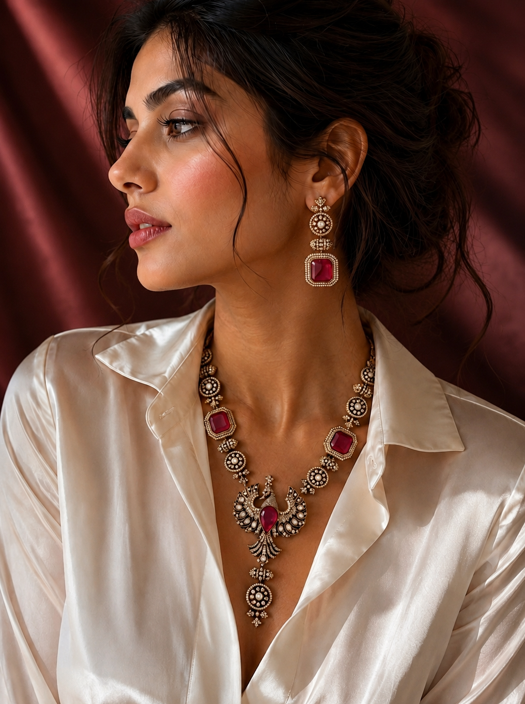 Victorian Ruby Polki Peacock Necklace Set