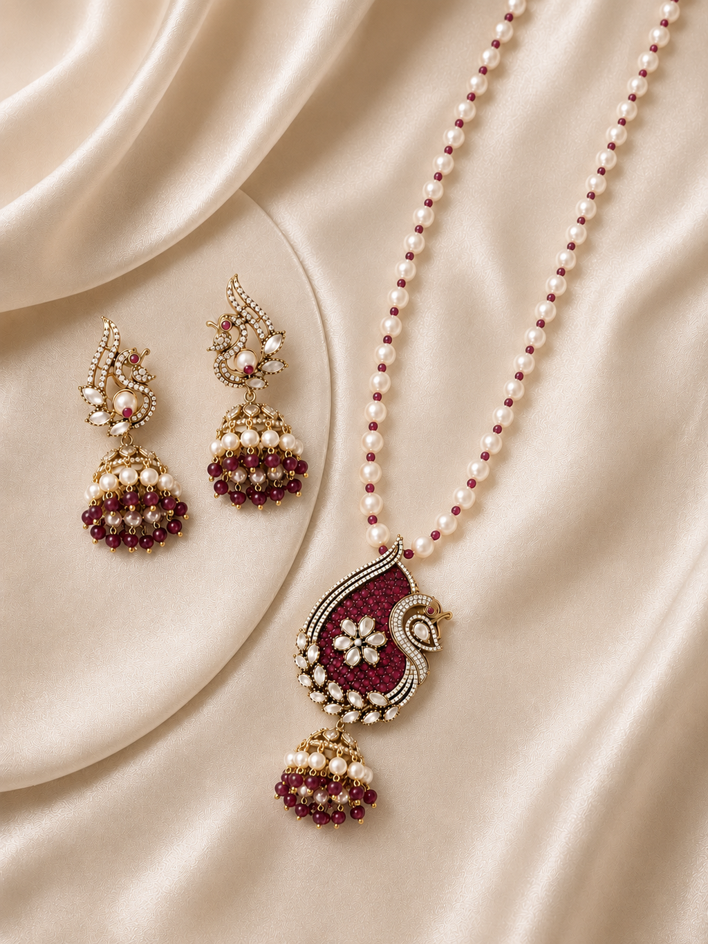 Ruby Piroi Polki Peacock Pendant Set with Pearl Necklace