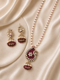 Ruby Piroi Polki Peacock Pendant Set with Pearl Necklace