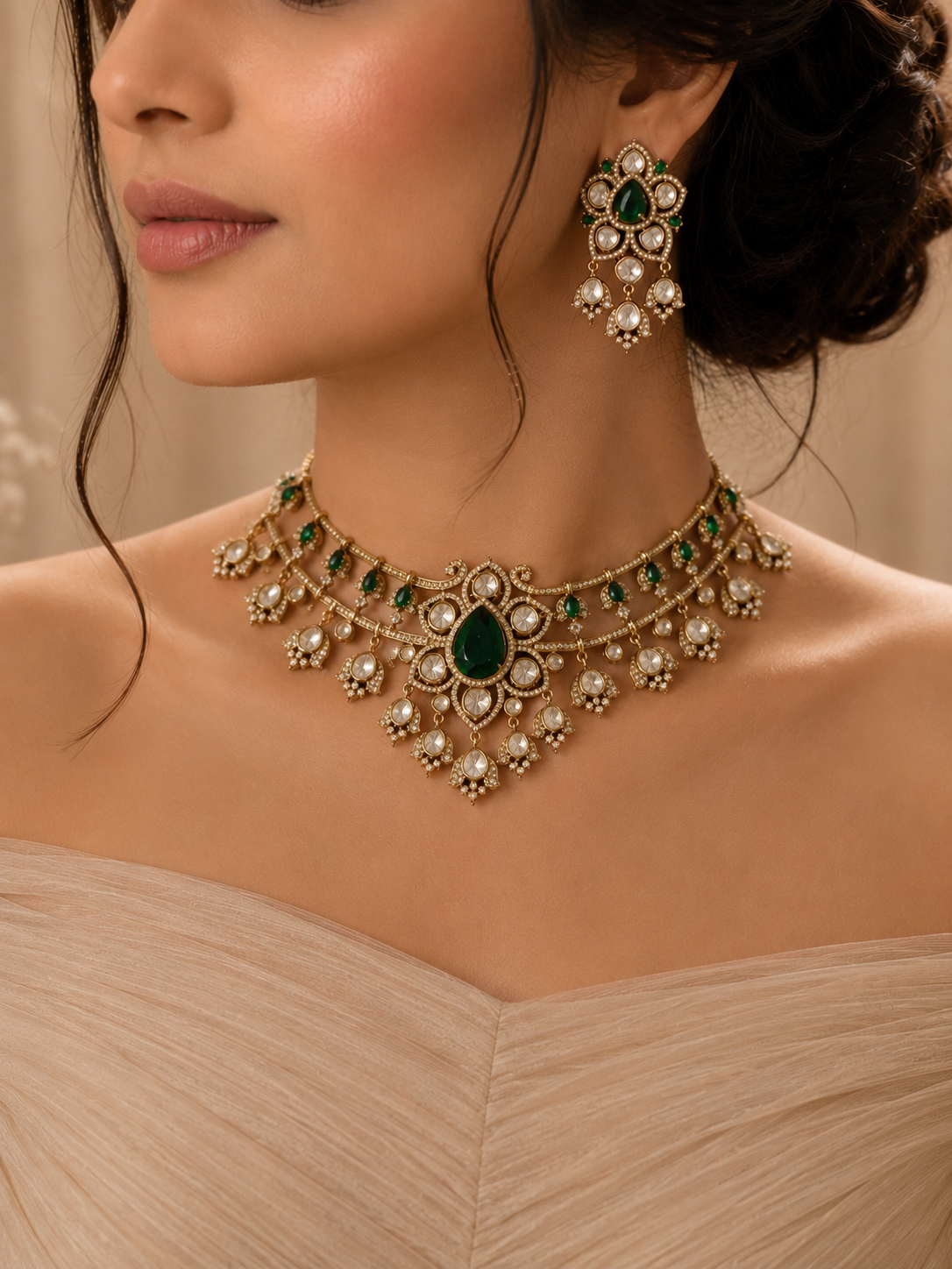 Emerald Green Polki Choker with CZ Detailing