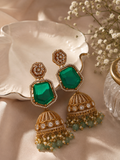Emerald Doublet Jhumka Earrings with Pearl and Mint Fringe