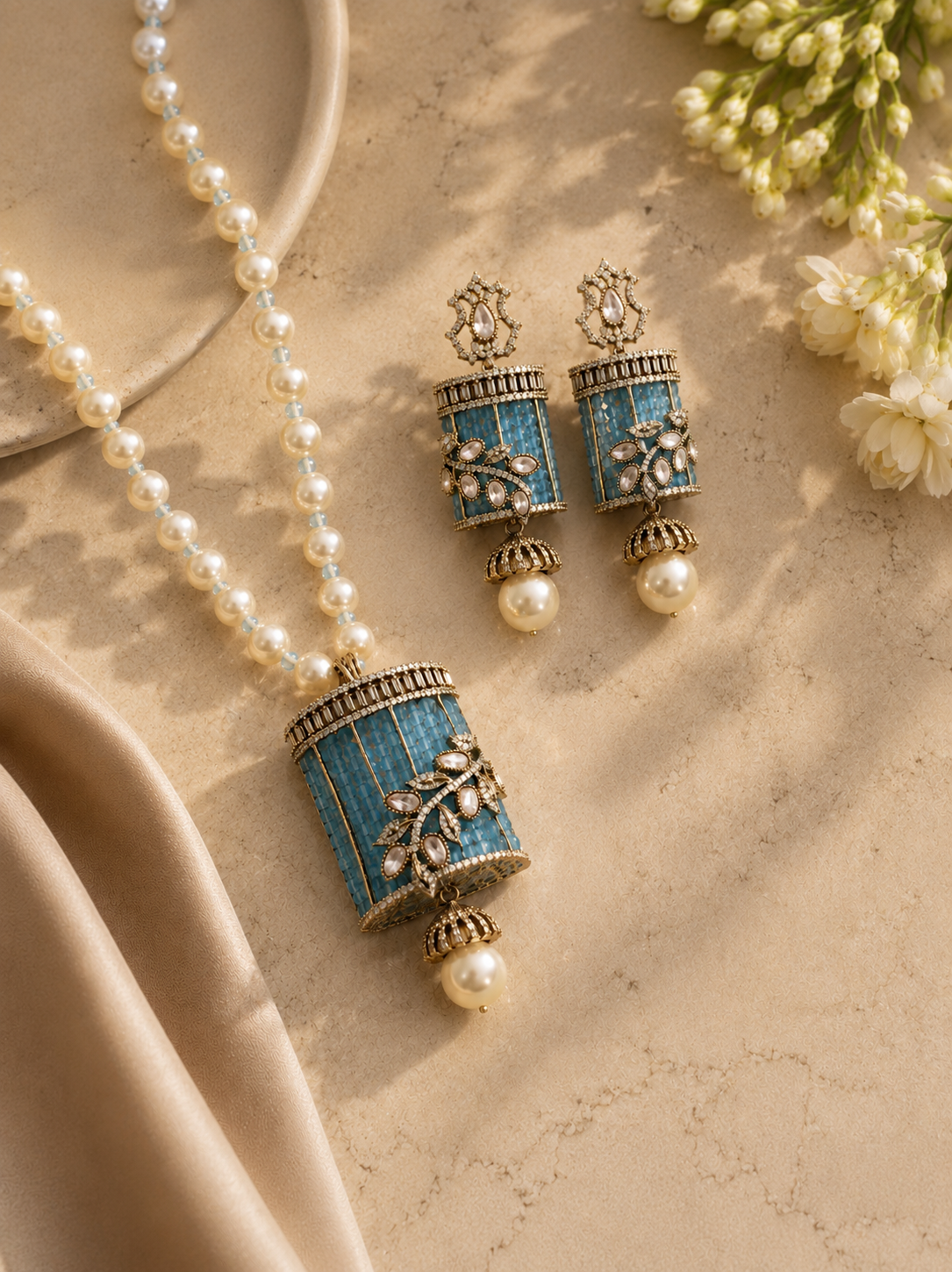 Blue Piroi Polki Pendant Set with Pearl Drop