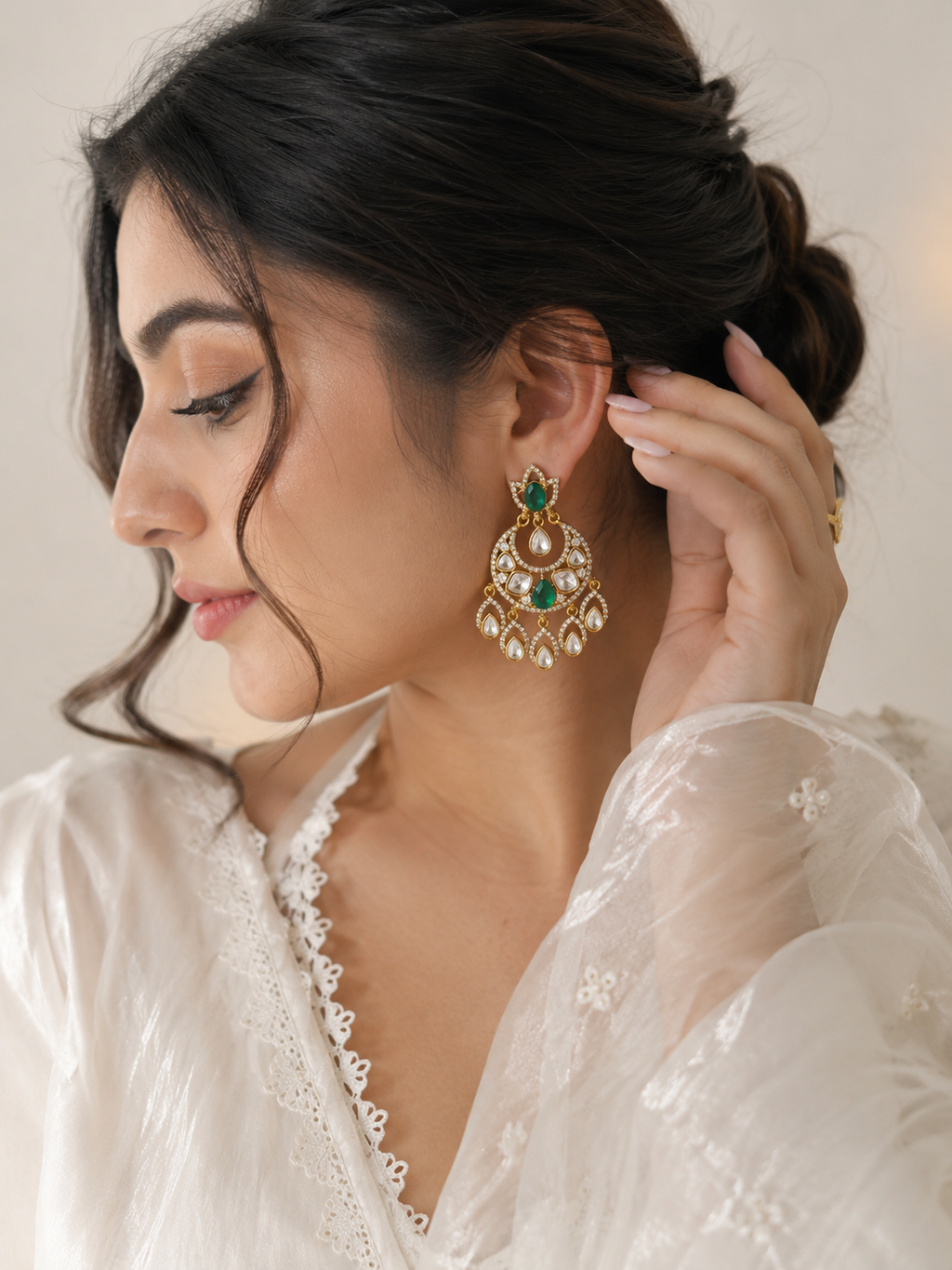 Emerald Polki Chandbali Earrings with Polki Drops