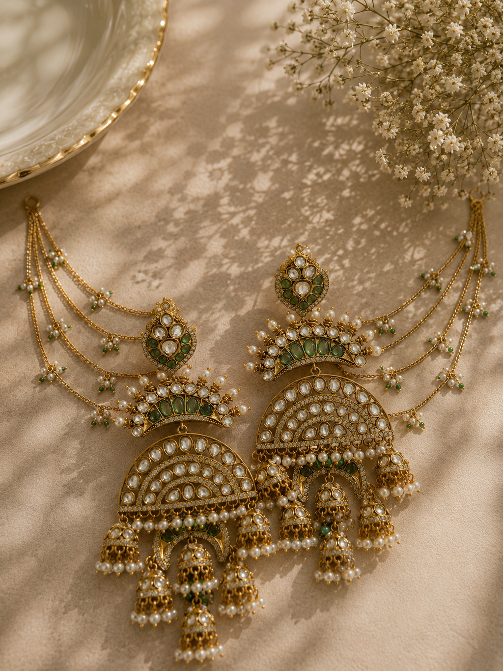 Multitiered Chandbali Jhumka with Hair Chain – Antique Gold, Polki & Pearl