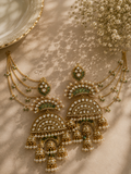Multitiered Chandbali Jhumka with Hair Chain – Antique Gold, Polki & Pearl