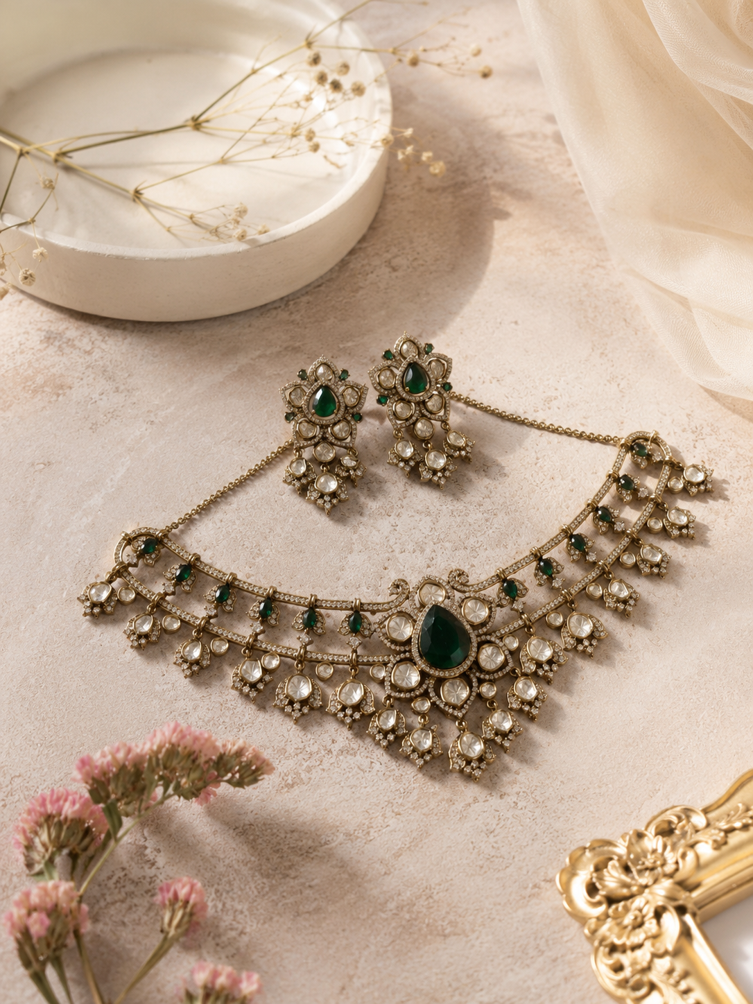 Emerald Green Polki Choker with CZ Detailing