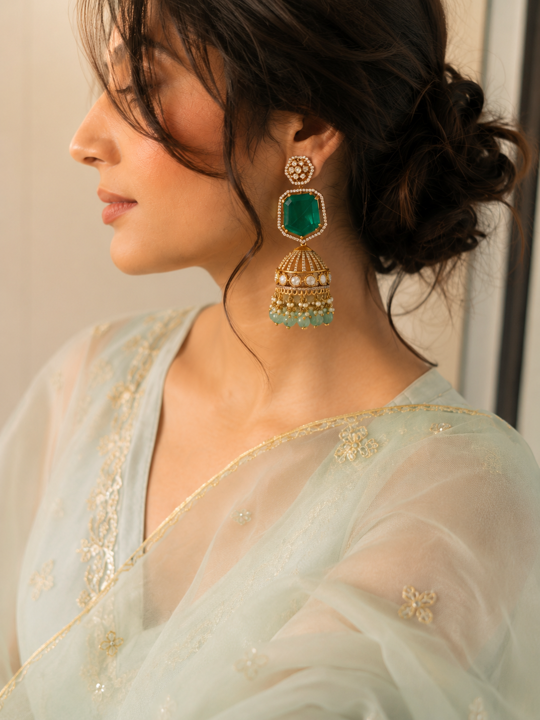 Emerald Doublet Jhumka Earrings with Pearl and Mint Fringe
