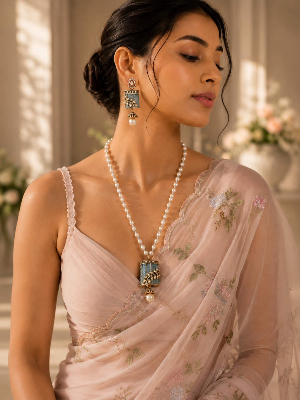 Blue Piroi Polki Pendant Set with Pearl Drop