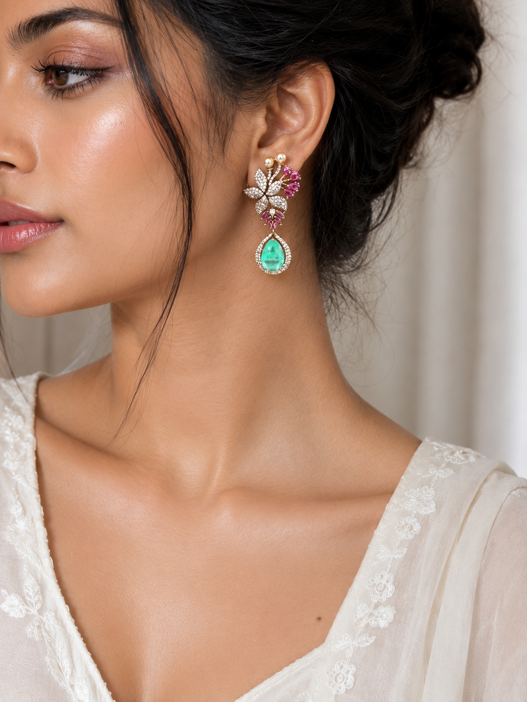 Emerald Doublet Floral Drop Earrings with Pearl and Pink Accents