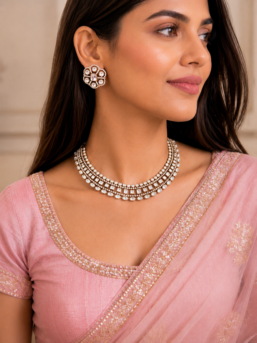 Multi-Row Polki Choker Set with Floral Stud Earrings