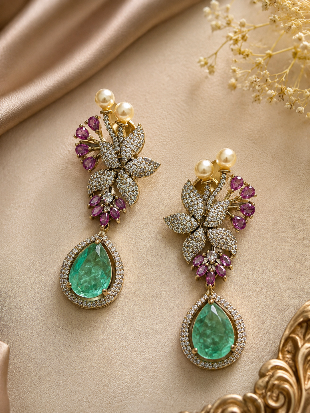 Emerald Doublet Floral Drop Earrings with Pearl and Pink Accents