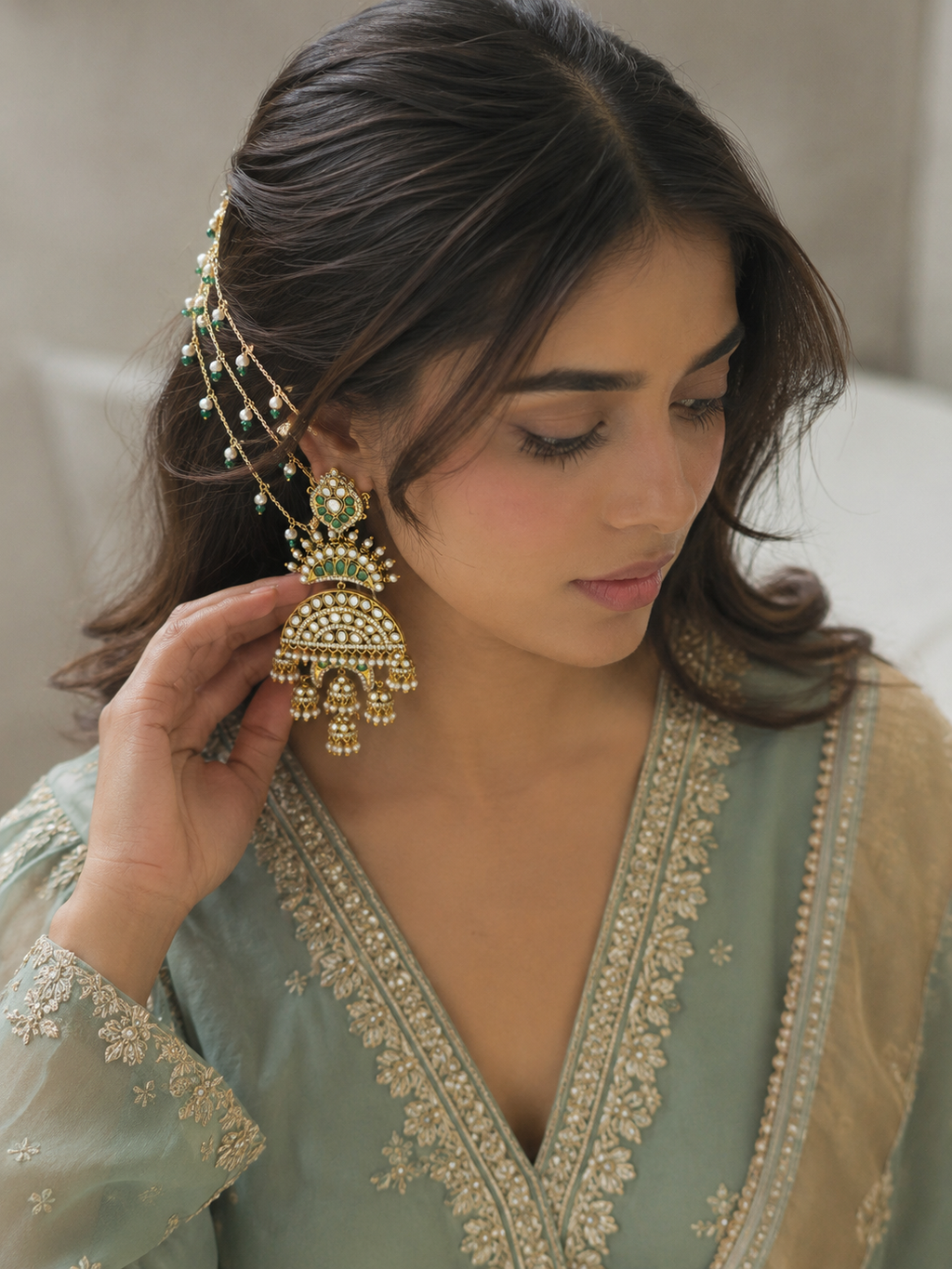Multitiered Chandbali Jhumka with Hair Chain – Antique Gold, Polki & Pearl