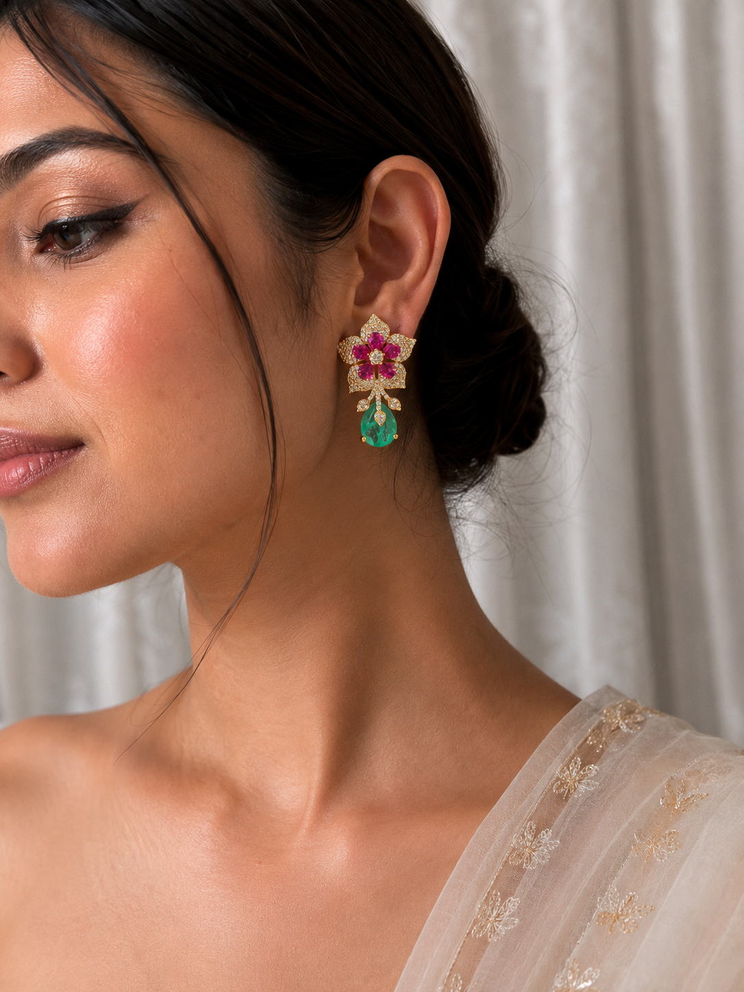 Hazoorilal-Inspired Floral Drop Earrings with Emerald Green Stone