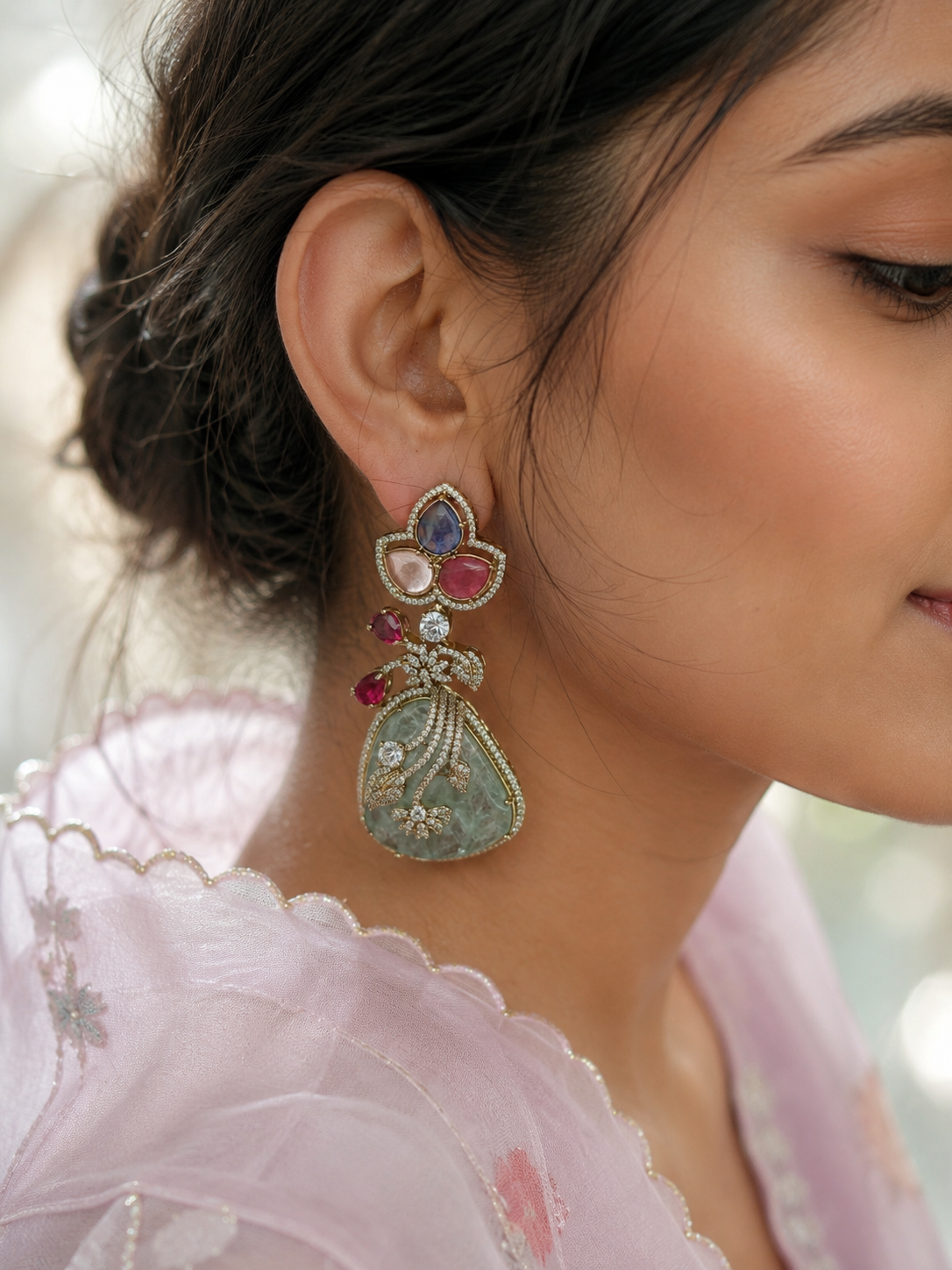 Sabyasachi-Inspired Multistone Drop Earrings with Carved Green Stone
