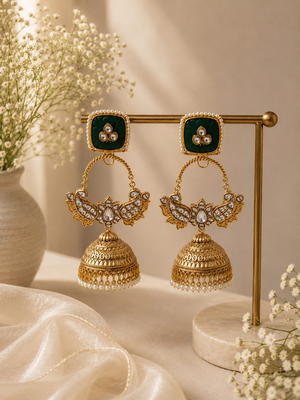 Peacock Polki Gold Plated Jhumka Earrings