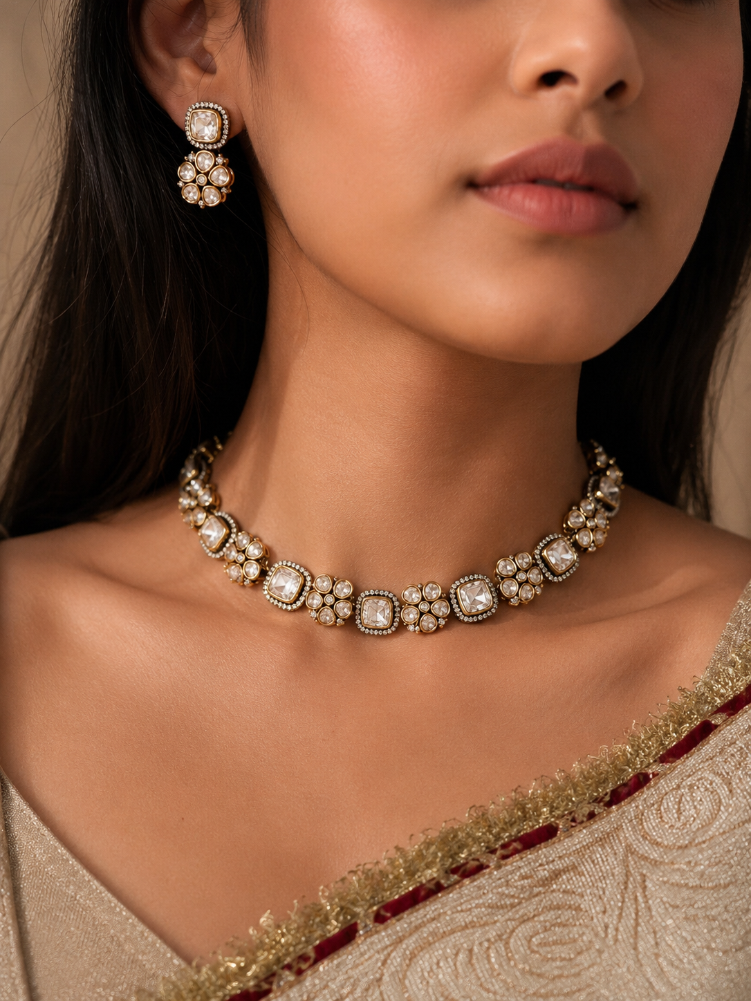 Moissanite Floral Necklace with Square Stone Clusters
