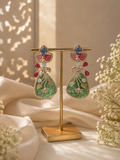 Sabyasachi-Inspired Multistone Drop Earrings with Carved Green Stone
