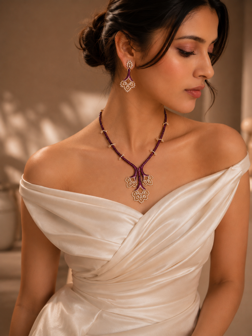 Designer AD Fan Necklace Set with Ruby-Pink Pave Band