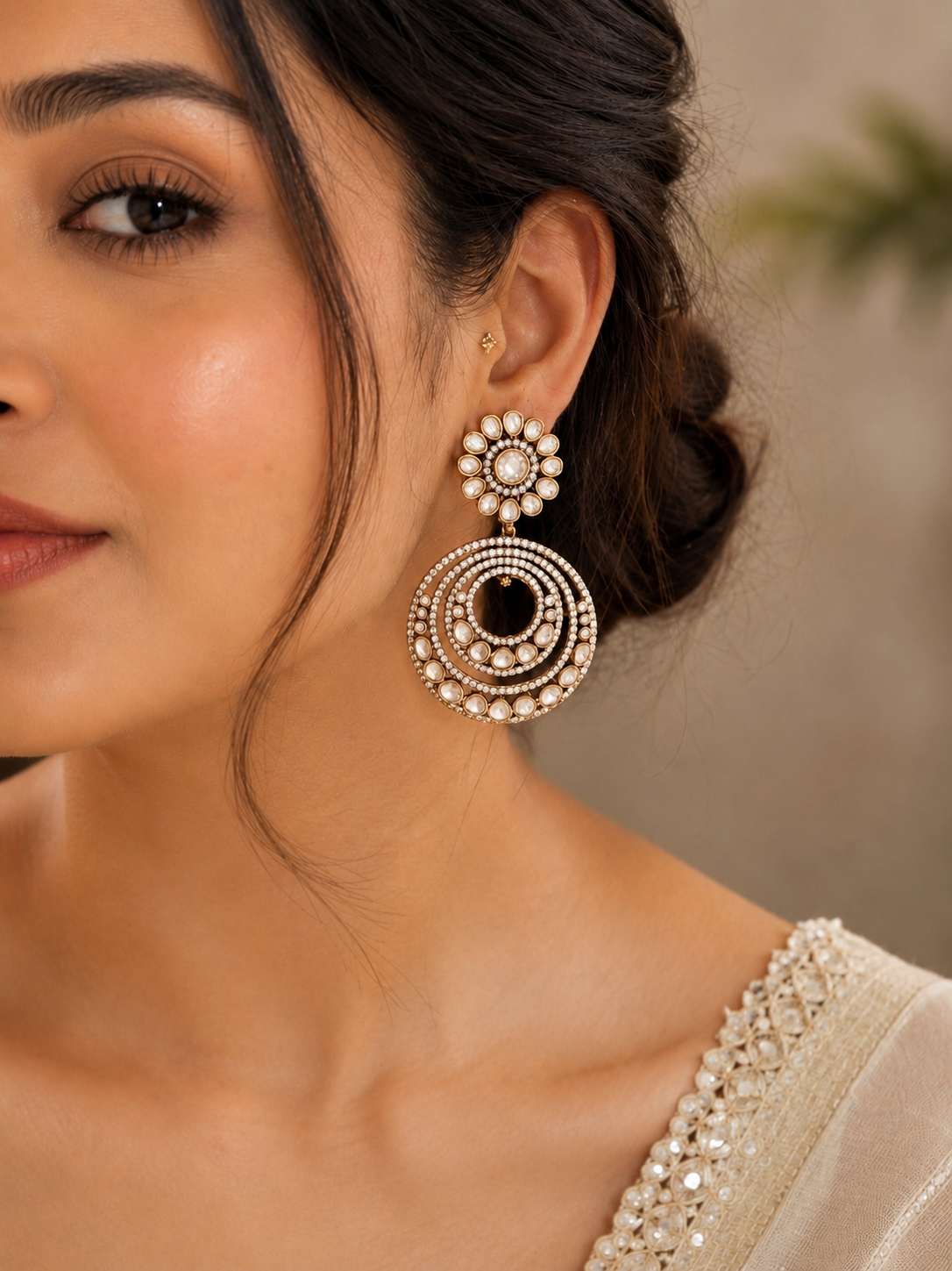 Moissanite Chandbali Earrings with Floral Polki Top