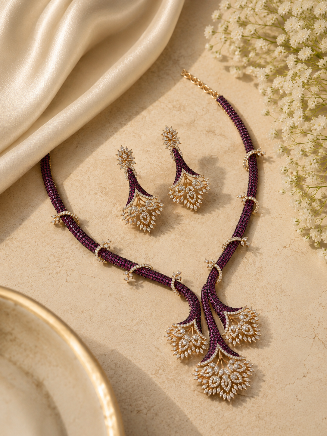 Designer AD Fan Necklace Set with Ruby-Pink Pave Band
