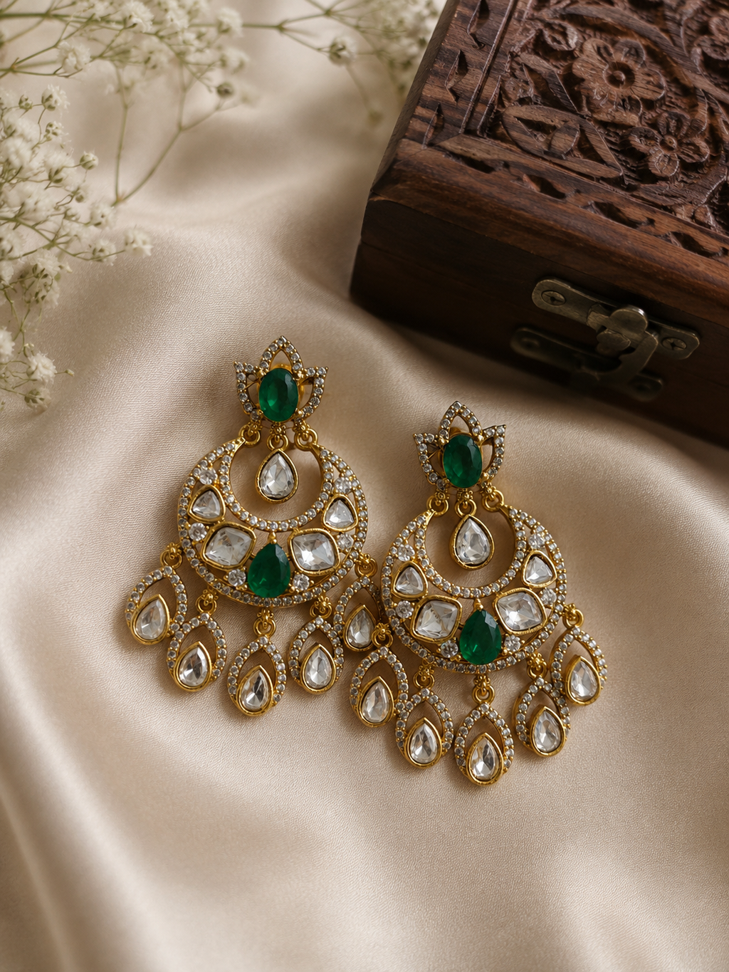 Emerald Polki Chandbali Earrings with Polki Drops