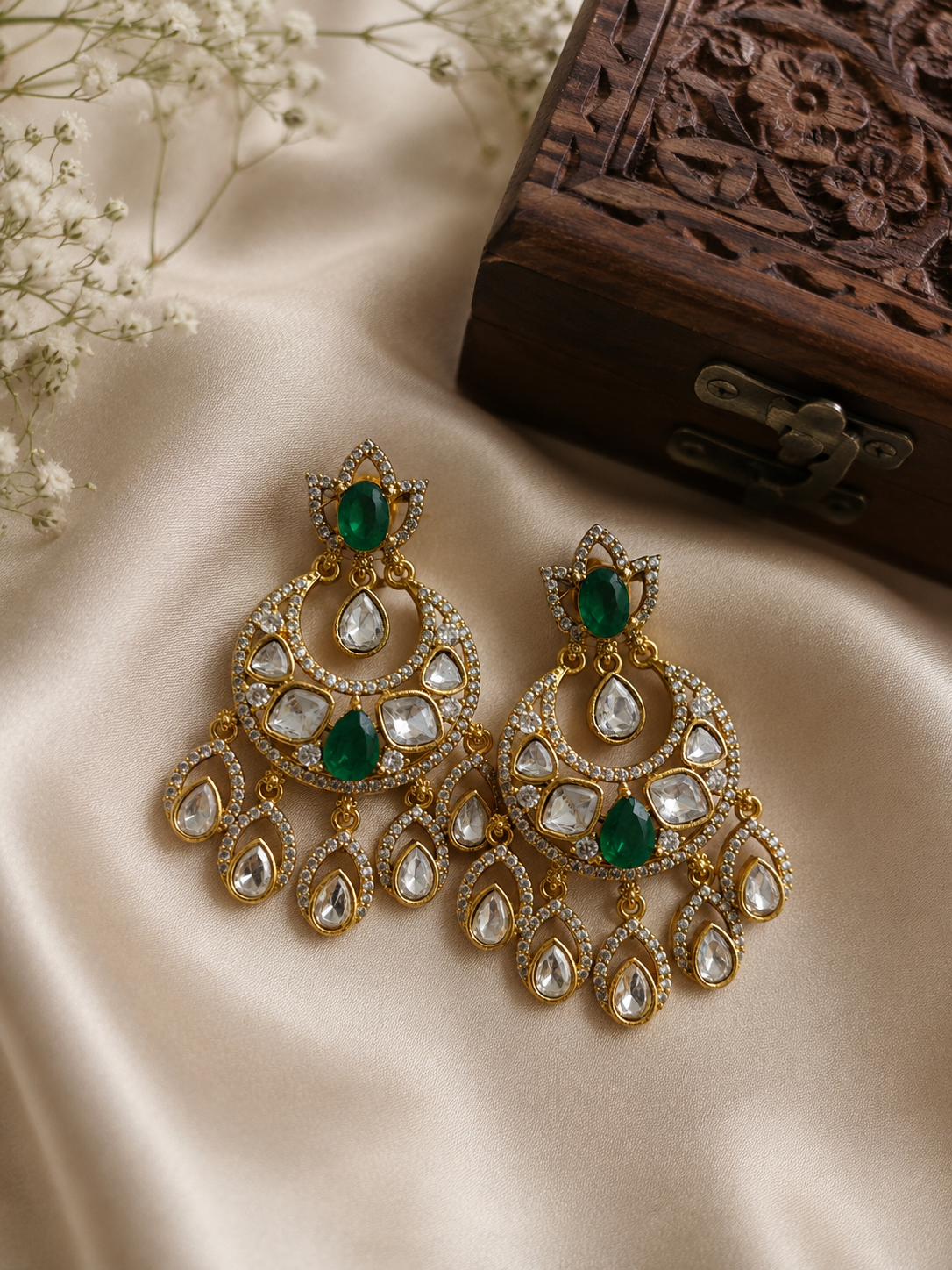 Emerald Polki Chandbali Earrings with Polki Drops