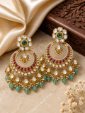 Floral Polki Chandbali Earrings with Ruby and Pearl Drops