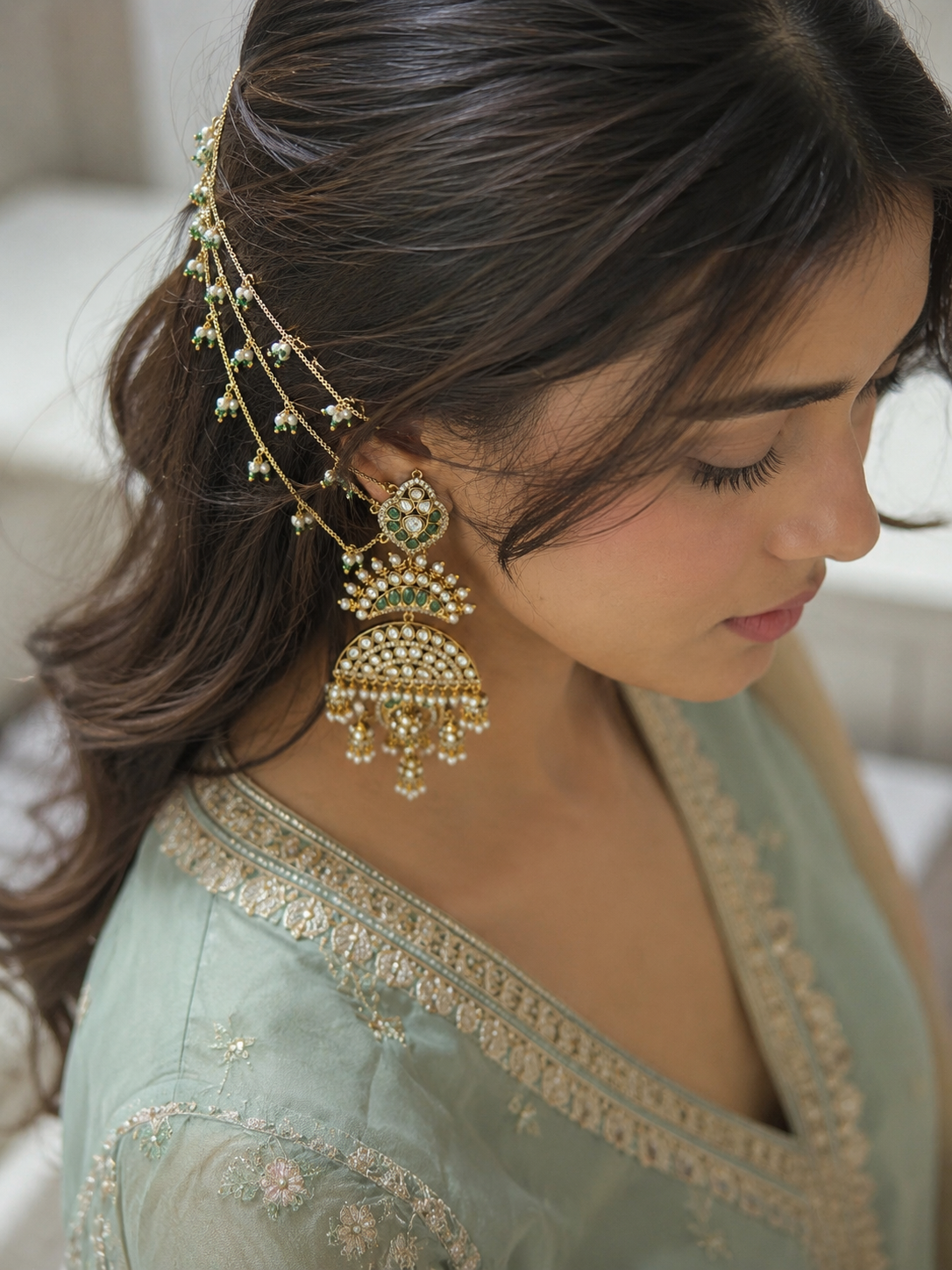 Multitiered Chandbali Jhumka with Hair Chain – Antique Gold, Polki & Pearl